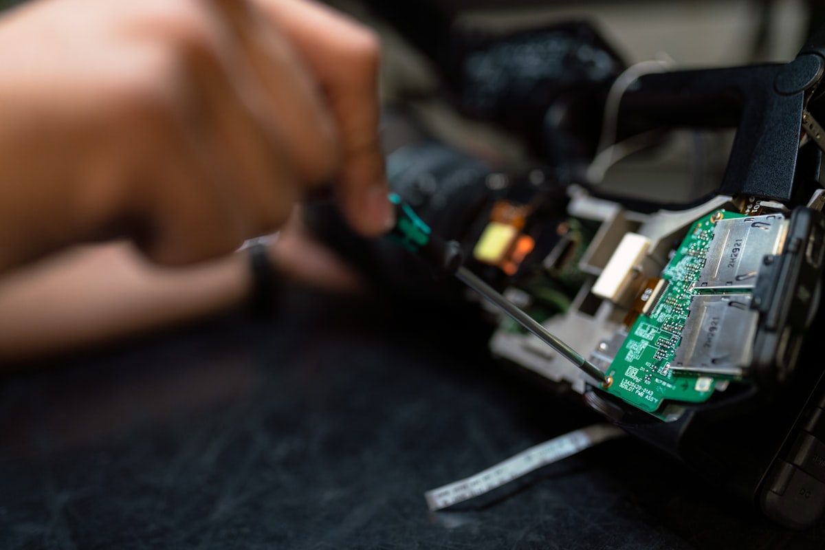 Phone being repaired on the bench